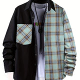 Men's Casual Cotton Stitch Plaid Button Up Shirt With Chest Pocket, Male Clothes For Spring And Fall