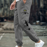 kkboxly  Multi Flap Pockets Cargo Pants, Men's Casual Loose Fit Drawstring Solid Color With Side Black Straps Design Cargo Pants Joggers For Spring Summer Outdoor