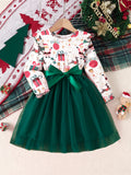 Little Girls' Cartoon Christmas Party Dress - Long Sleeve A-line Tutu Dress with Ribbon Belt, Holiday Gift Pattern for Celebrations