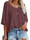 kkboxly  Solid Elegant V Neck T-Shirt, Drop Shoulder Casual Top For Summer & Spring, Women's Clothing