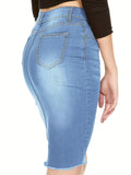 kkboxly  Blue Raw Hem Denim Skirt, Slim Fit Slash Pockets Mid-Stretch Denim Skirt, Women's Denim Clothing