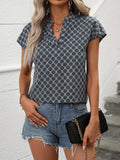 kkboxly  Allover Print Blouse, Casual V Neck Short Sleeve Versatile Blouse, Women's Clothing