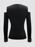 kkboxly  Beaded Cold Shoulder T-Shirt, Casual V-Neck Long Sleeve T-Shirt, Casual Every Day Tops, Women's Clothing