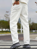 kkboxly  Flap Pocket Cotton Jeans, Men's Casual Street Style Wide Leg Solid Color Patchwork Denim Pants For Spring Summer