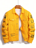 kkboxly  Letter Print Denim Jacket, Men's Casual Chic Lapel Chest Pocket Jacket