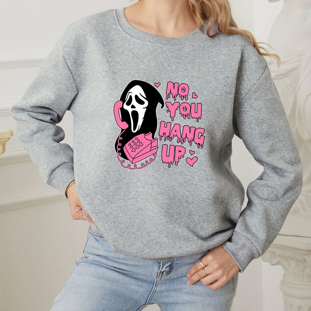 kkboxly  No You Hang Up Print Sweatshirt, Halloween Long Sleeve Crew Neck Casual Sweatshirt For Fall & Winter, Women's Clothing