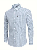 kkboxly  Men's Stylish Checkered Pattern Shirt, Casual Breathable Lapel Button Up Long Sleeve Shirt Top For City Walk Street Hanging Outdoor Activities