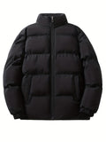 kkboxly  Men's Winter Thicken Warm Coat, Solid Color Zipper Parka Cotton-padded Jacket