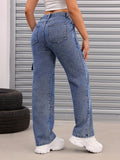 kkboxly  Loose Fit Casual Straight Jeans, Flap Pockets Non-Stretch Denim Pants, Women's Denim Jeans & Clothing