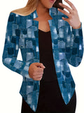 kkboxly  Patchwork Print Tops, Casual Open Front Long Sleeve Outerwear, Women's Clothing