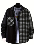 Men's Casual Cotton Stitch Plaid Button Up Shirt With Chest Pocket, Male Clothes For Spring And Fall