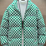 kkboxly  Men's Stylish Checkered Puffer Coat With Pockets, Casual Breathable Stand Collar Zip Up Long Sleeve Warm Top For City Walk Street Hanging Winter Outdoor Activities