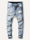 kkboxly  Slim Fit Ripped Cotton Jeans, Men's Casual Street Style Distressed Mid Stretch Denim Pants For Spring Summer