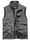 kkboxly  Zipper Pockets Cargo Vest, Men's Casual Outwear Stand Collar Zip Up Vest For Spring Summer Outdoor Fishing Photography