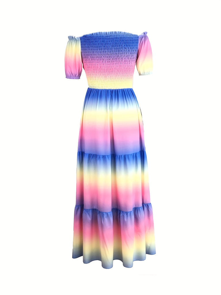 kkboxly  Gradient Print Tiered Dress, Casual Off Shoulder Shirred Party Dress, Women's Clothing