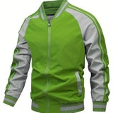 kkboxly  Men's Color Block Graphic Sports Jacket, Casual Striped Zip Up Varsity Jacket For Outdoor Fall Winter