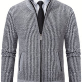 kkboxly  Men's Warm Herringbone Pattern Knitted Cardigan Jacket, Casual Stand Collar Stretch Jacket For Fall Winter