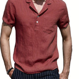 kkboxly  Solid Color Men's Casual Button Up Short Sleeve Lightweight Polo Shirt With Chest Pocket, Men's Polo For Summer