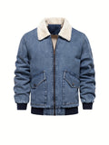 kkboxly  Warm Fleece Denim Jacket, Men's Casual Flap Pocket Jacket Coat With Fur Collar For Fall Winter