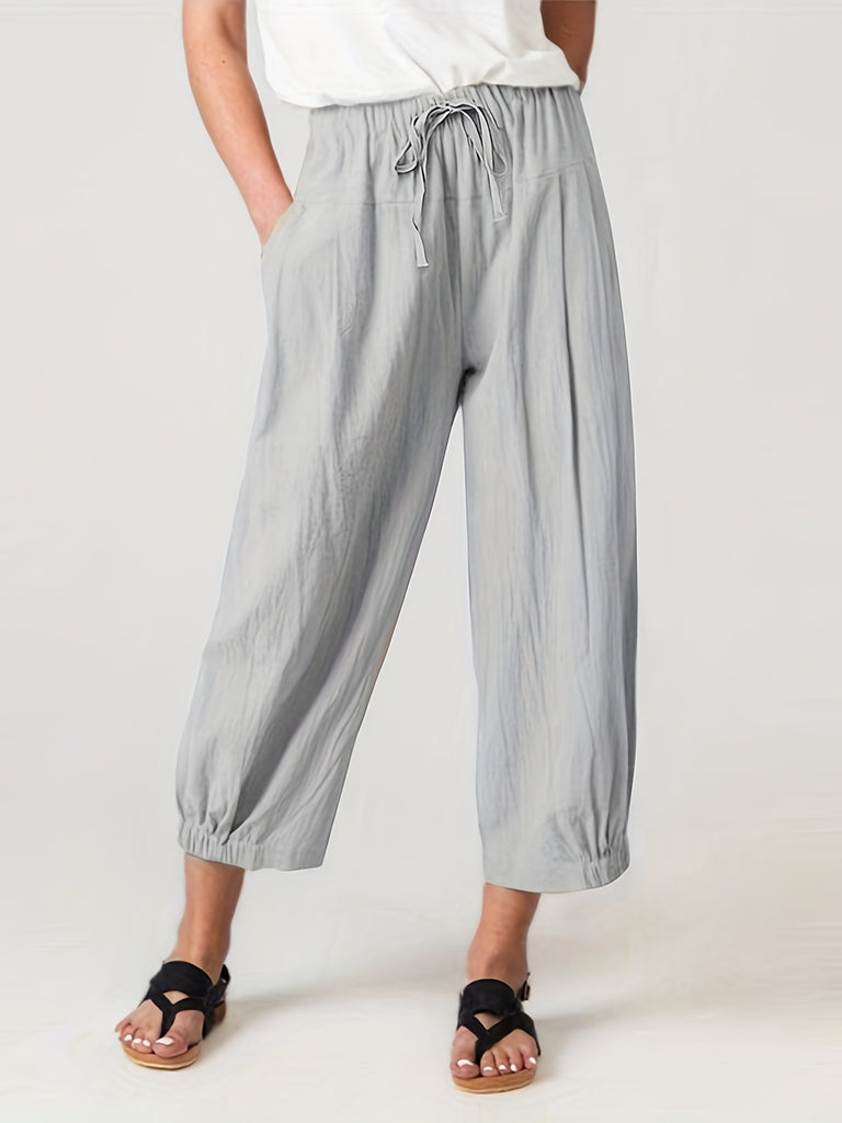 kkboxly  Plus Size Casual Pants, Women's Plus Solid Drawstring Straight Leg Pants With Pockets