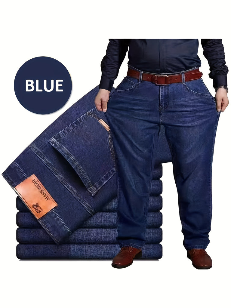 Men's Oversized Long Straight Stretchy Classic Solid Jeans For Spring/autumn, Men's Clothing, Plus Size