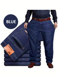 Men's Oversized Long Straight Stretchy Classic Solid Jeans For Spring/autumn, Men's Clothing, Plus Size