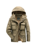 kkboxly  Men's Cargo Jacket Warm Coats Fleece Lined Military Jackets Cotton With Removable Hood