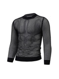 kkboxly  Trendy Knitted Mesh Fishnet Sweater, Men's Casual Sexy  Crew Neck Pullover Sweater For Men Clubwear