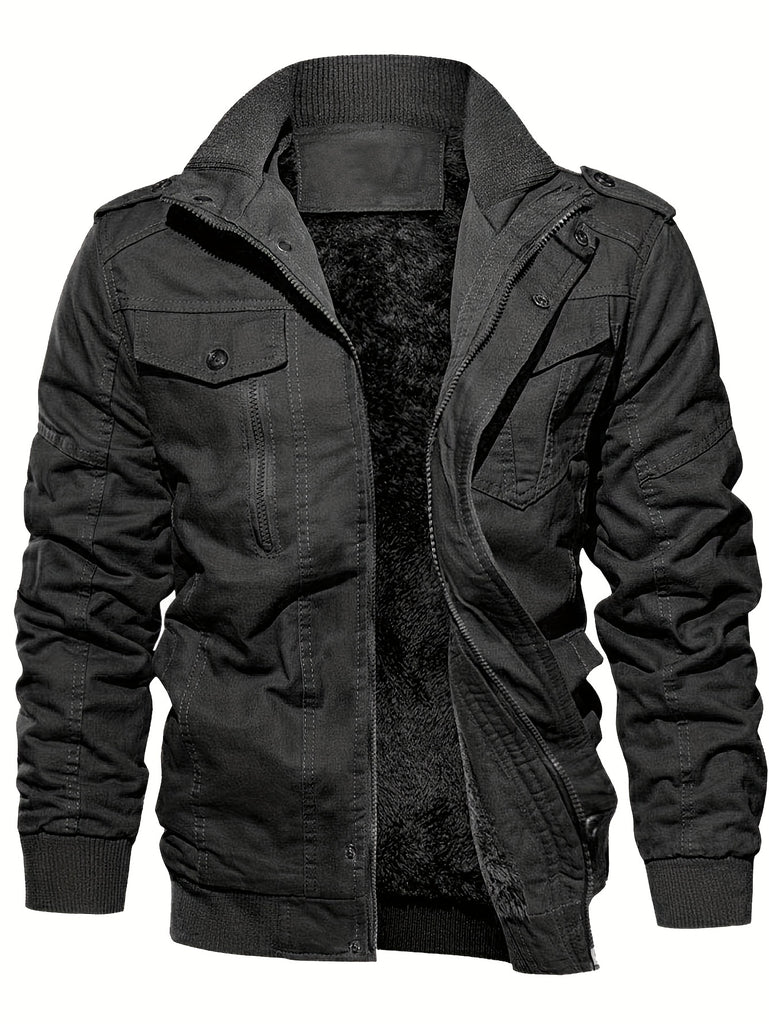 kkboxly  Warm Plush Fleece Cotton Jacket, Men's Casual Zipper Pockets Stand Collar Jacket Coat For Fall Winter