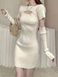 kkboxly  Cut Out Bodycon Knit Dress, Chic Crew Neck Short Sleeve Mini Dress With Arm Sleeve, Women's Clothing