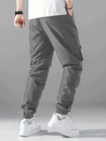 kkboxly  Smile Print, Men's Drawstring Cargo Pants, Flap Pocket Loose Trendy Jogger Pants, Mens Work Pants