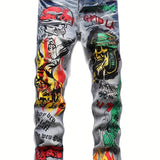 kkboxly  Men's Skull Jeans Distressed Punk Denim Pants Graffiti Print Slim Hip Hop Ripped Jeans