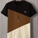 kkboxly  Deer & Color Block Pattern Print Men's Comfy T-shirt, Graphic Tee Men's Summer Clothes, Men's Clothing, Tops For Men