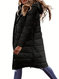 kkboxly  Button Front Hoodie Puffy Coat, Casual Long Sleeve Warm Outwear For Winter, Women's Clothing