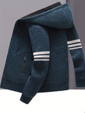 Men's Striped Fleece Hooded Cardigan, Casual Slightly Stretch Breathable Zip Up Thermal Jacket For Fall Winter Outdoor