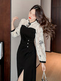kkboxly  Split Hem Dress, Elegant Long Sleeve Slim Ruched Midi Dress, Women's Clothing