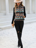 Allover Print Zip Up Vest Jacket, Casual Sleeveless Plush Jacket For Spring & Fall, Women's Clothing
