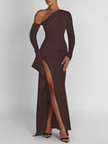 kkboxly  Solid One-shoulder Split Hem Dress, Elegant Long Sleeve Ruffle Trim Slim Dress For Party & Banquet, Women's Clothing