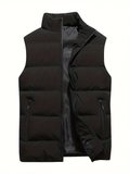 kkboxly  Warm Winter Vest, Men's Casual Zipper Pockets Stand Collar Zip Up Cotton Padded Vest For Fall Winter