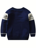 Retro Geometric Pattern Boys Casual Color Block Knitted Sweater For Fall Winter, Gift For Kids