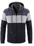 kkboxly  Color Block Hooded Cardigan Jacket, Men's Casual Stylish Slightly Stretch Zip Up Sweater For Spring Fall