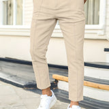 Men's Work Pockets Button Fly Pleated Line Slim Fit Trousers