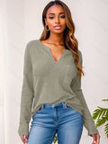 kkboxly  Solid Pocket Notch Neck T-Shirt, Casual Long Sleeve Top For Spring & Fall, Women's Clothing