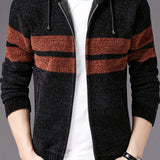 kkboxly  Block Color Warm Fleece Hooded Jacket, Men's Casual Slightly Stretch Zip Up Jacket Coat For Fall Winter