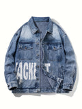 kkboxly  Letter Print Loose Fit Distressed Denim Jacket, Men's Casual Lapel Vintage Style Multi Pocket Denim Jacket Coat For Spring Fall