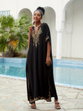 Plus Size Boho Kaftan Dress, Women's Plus Golden Embroidered Bat Sleeve Notched Neck Maxi Cover Up Dress