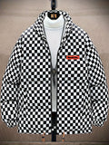 kkboxly  Men's Stylish Checkered Puffer Coat With Pockets, Casual Breathable Stand Collar Zip Up Long Sleeve Warm Top For City Walk Street Hanging Winter Outdoor Activities