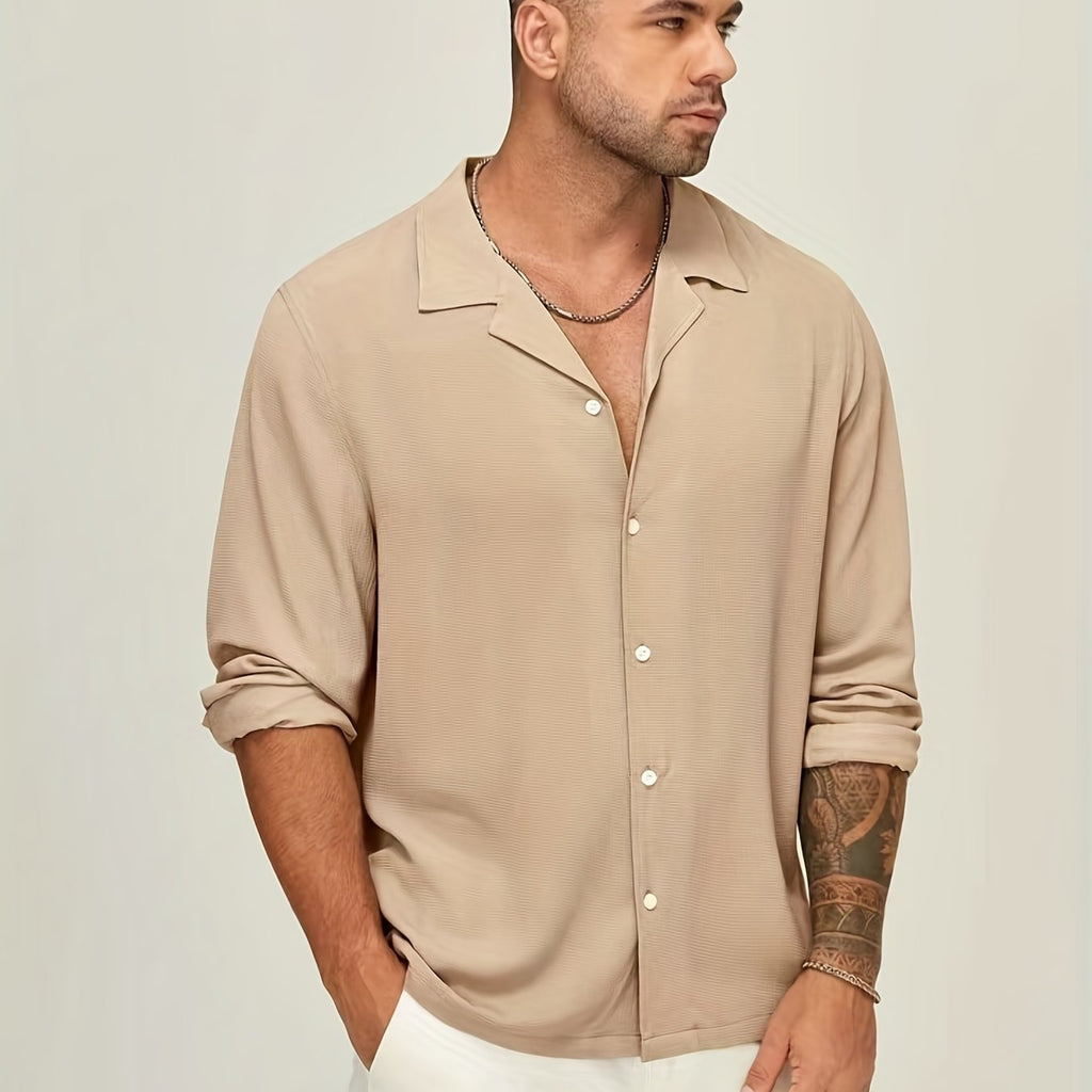 kkboxly  Plus Size Men's Stylish Solid Lapel Shirt For Workout/outdoor, Casual Long Sleeve Shirt Tops For Big And Tall Guys, Men's Clothing
