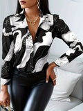 kkboxly   High Contrast Print Blouse, Long Sleeve Button Down Shirt, Casual Night Out Tops For Party & Club, Women's Clothing