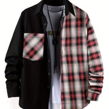 Men's Casual Cotton Stitch Plaid Button Up Shirt With Chest Pocket, Male Clothes For Spring And Fall